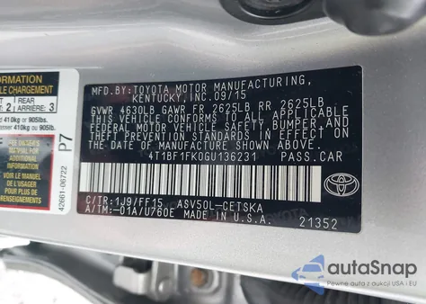 2016 Toyota Camry Le/Se/Xle/Xse from USA, damaged, VIN 4T1BF1FK0GU136231